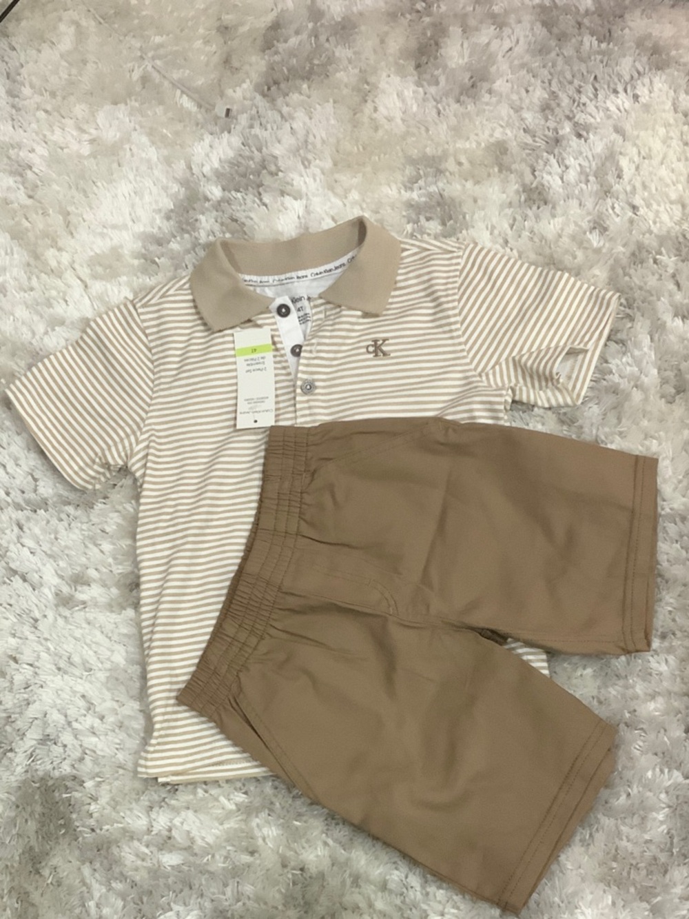 Calvin Klein Tan & White Striped Polo with Tan Shorts Set